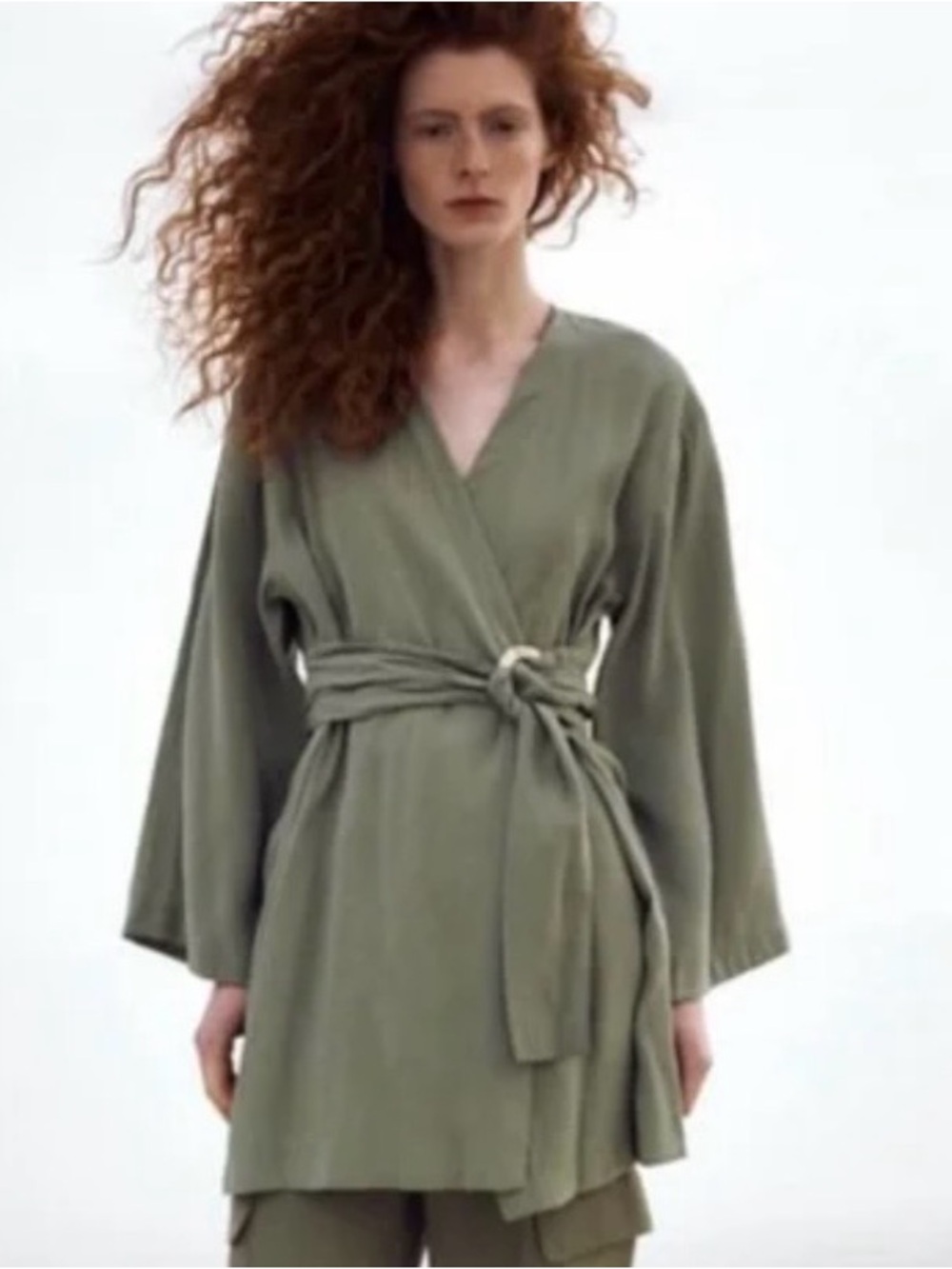 BOHO TRAVEL ZARA Modal Kimono Wrap Mini Dress light Olive Green Tortoise Ring XS